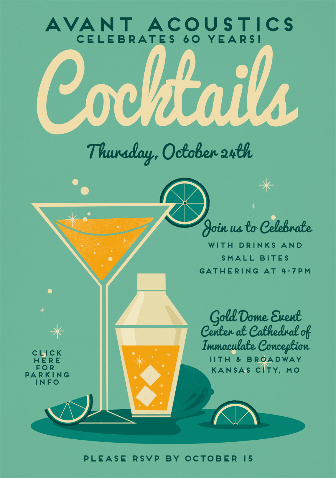 Cocktail event invitation with drink illustrations.