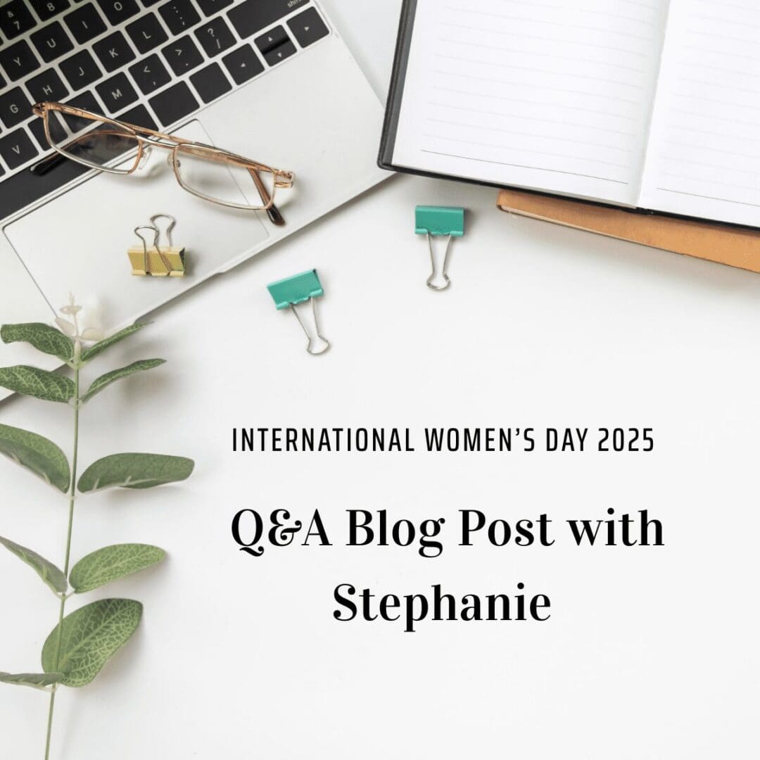 Laptop, notebook, and text about Q&A blog.