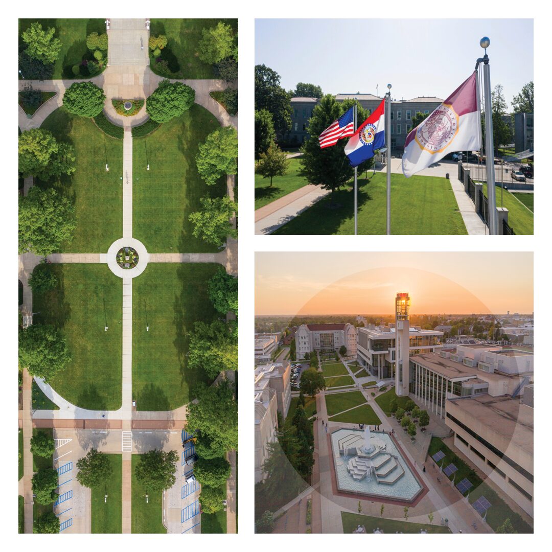 Aerial views of a park with pathways and flags at sunset.