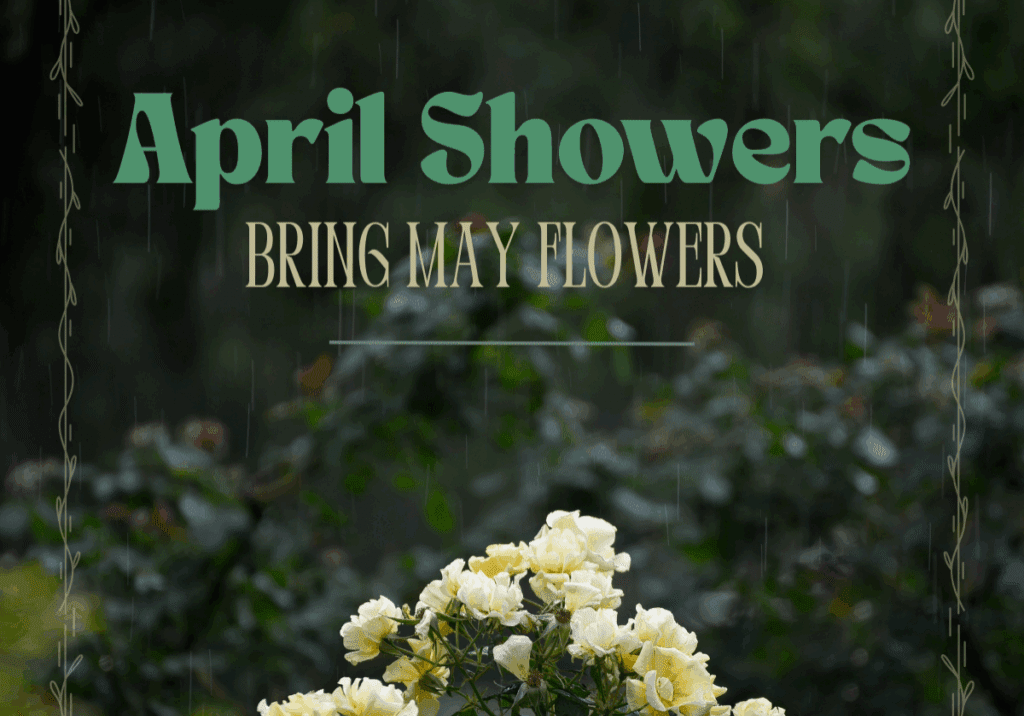April showers bring May flowers text.