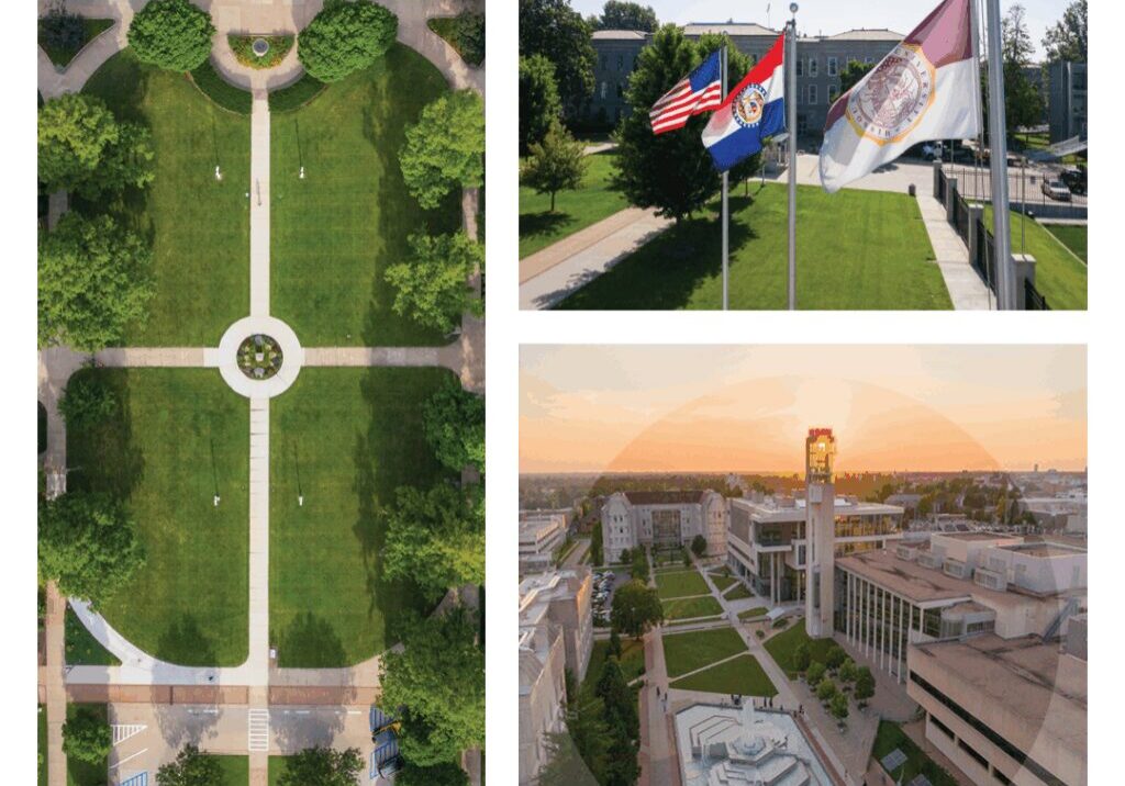 Aerial views of a park with pathways and flags at sunset.