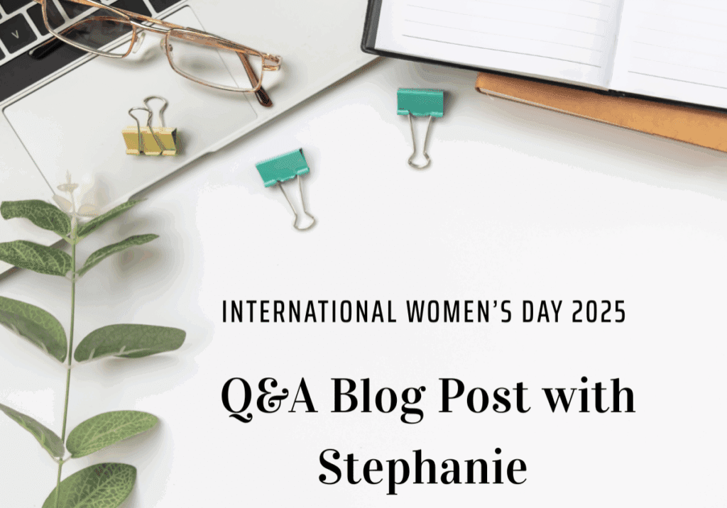 Laptop, notebook, and text about Q&A blog.